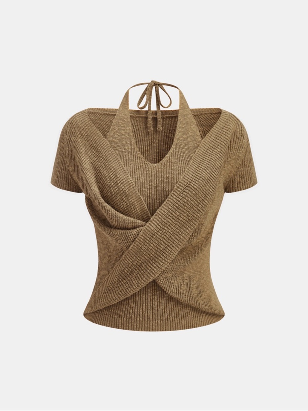 Commense Brown Knit Wrap-Front Short Sleeve Top